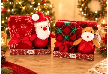 Peluche Navideño + Manta Estampada GAMBERRITOS Papa Noel - Reno