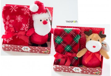 Peluche Navideño + Manta Estampada GAMBERRITOS Papa Noel - Reno