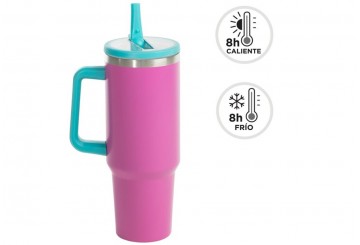 Taza Mug Térmica 1,2L Portable D'CASA Doble Pared Magenta Fluor