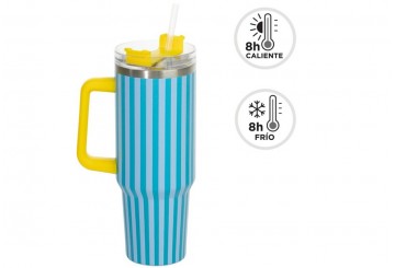 Taza Mug Térmica 1,2L Portable D'CASA Doble Pared Rayas Fluor