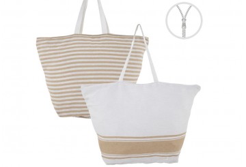 Bolso Playa Algodón Cremallera 60x40 D'CASA Rayas beige 310708
