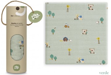 Muselina Algodón Bambú INTERBABY 120x120 Granja Koala verde