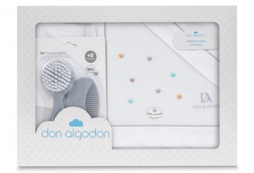 DON ALGODON Sábana Bordada+Aplique+Peines Corazones Bl/Gris Cuna
