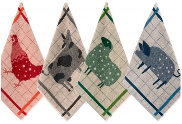 Set 4 Paños de Cocina 50x50 LASA Algodón Granja Farmy Rizo