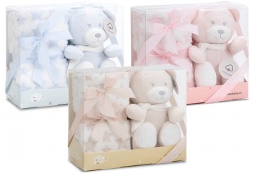 Peluche Crochet Oso + Manta Estrellas INTERBABY Azul-Rosa-Beige